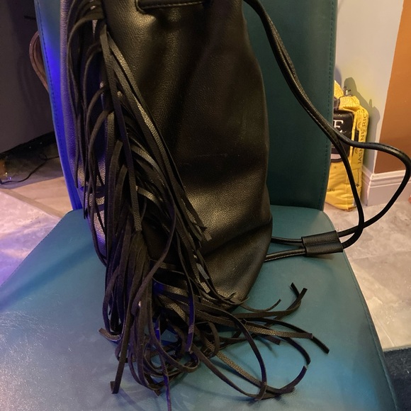 NEW Victoria's Secret Black Faux Leather Backpack Fringe Purse Boho Bag - Picture 4 of 9